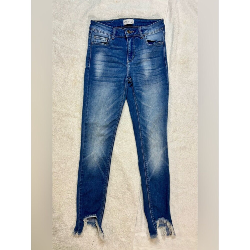 Cello Women’s Sz 1 Fringe Hem Whiskered Denim Blue Jeans Skinny High Waisted
